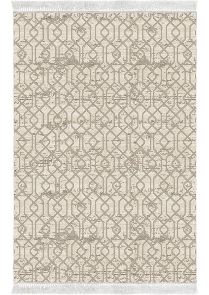 Dijital Salon Halısı Trend Keçe Kaymaz Taban Saçaklı Modern Eliana Vizon