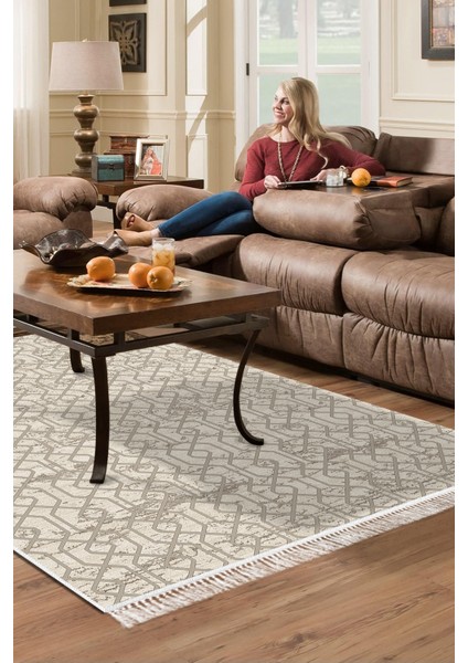 Dijital Salon Halısı Trend Keçe Kaymaz Taban Saçaklı Modern Eliana Vizon fiyatları