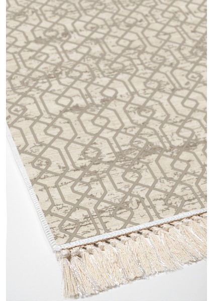 Dijital Salon Halısı Trend Keçe Kaymaz Taban Saçaklı Modern Eliana Vizon fırsatları