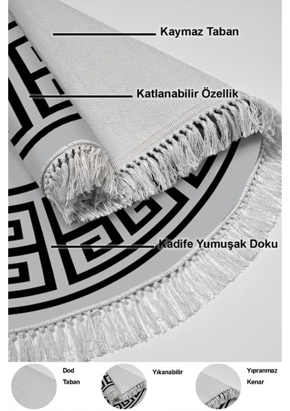 Dijital Mutfak Halısı Trend Keçe Kaymaz Taban Saçaklı Yuvarlak Modern Penelope Gri