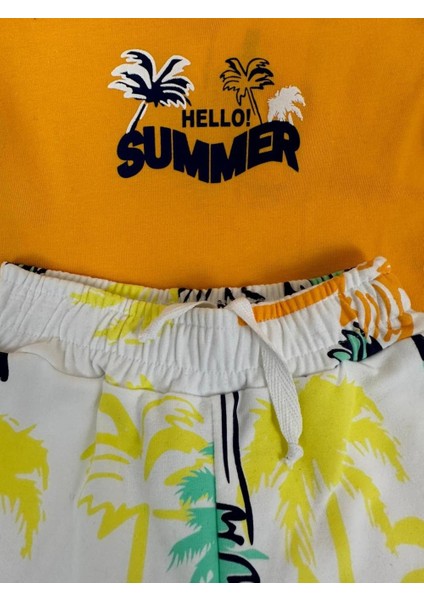 Erkek Çocuk Hello Baskılı Sarı T-Shirt Palmiye Desenli Şort %100 Pamuk İkili Takım