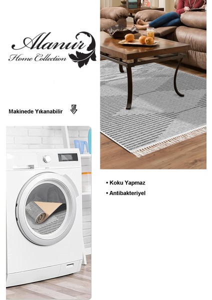 Dijital Salon Halısı Yıldız Deri Kaymaz Taban Saçaklı Iskandinav Kay Gri