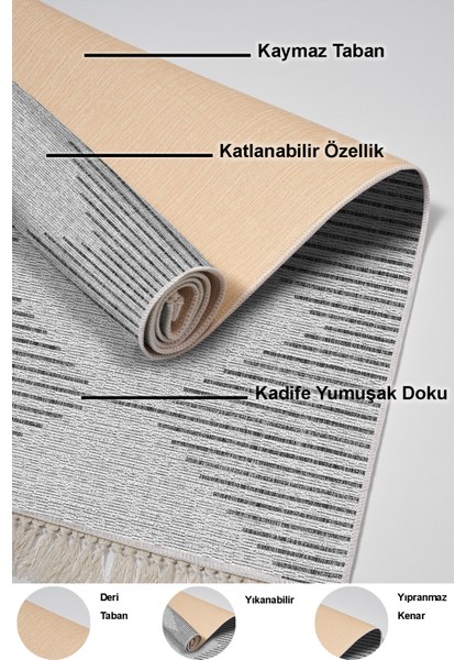 Dijital Salon Halısı Yıldız Deri Kaymaz Taban Saçaklı Iskandinav Kay Gri