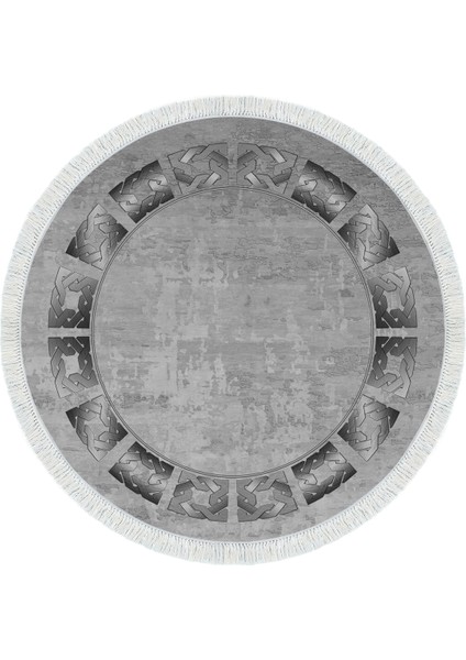 Dijital Mutfak Halısı Trend Keçe Kaymaz Taban Saçaklı Yuvarlak Modern Twyla Gri