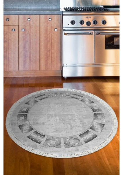 Dijital Mutfak Halısı Trend Keçe Kaymaz Taban Saçaklı Yuvarlak Modern Twyla Gri fiyatları