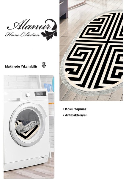 Dijital Mutfak Halısı Star Pamuk Kaymaz Taban Saçaklı Oval Modern Jem Siyah modelleri