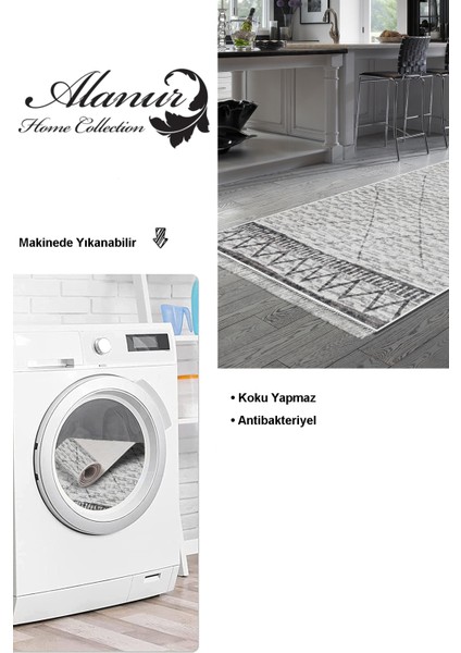 Dijital Mutfak Halısı Trend Keçe Kaymaz Taban Saçaklı Iskandinav Farah Gri modelleri