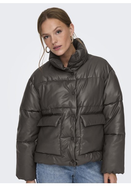 Gümüş Kadın Mont Onlanja Faux Leather Oversıze Puffe