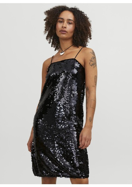 Klasik Yaka Payetli Siyah Standart Kadın Elbise Jxava Sequın Strap Short Dress Wvn