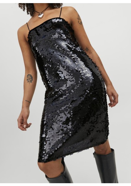 Klasik Yaka Payetli Siyah Standart Kadın Elbise Jxava Sequın Strap Short Dress Wvn modelleri