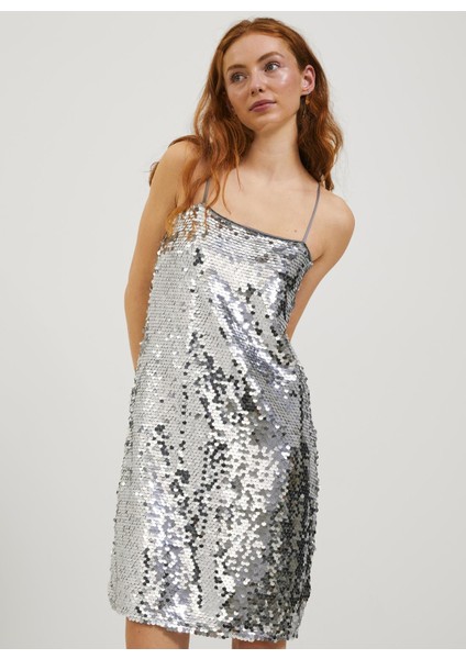 Klasik Yaka Payetli Gümüş Standart Kadın Elbise Jxava Sequın Strap Short Dress Wvn