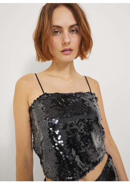 Payetli Siyah Kadın Büstiyer Jxava Sequın Strap Crop Top Wvn