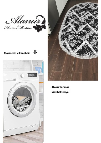 Dijital Mutfak Halısı Yıldız Deri Kaymaz Taban Saçaklı Oval Iskandinav Roxanne Siyah