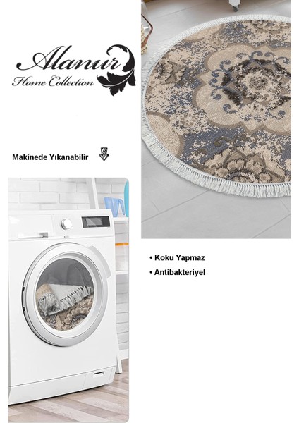Dijital Mutfak Halısı Trend Keçe Kaymaz Taban Saçaklı Yuvarlak Modern Brenna Krem