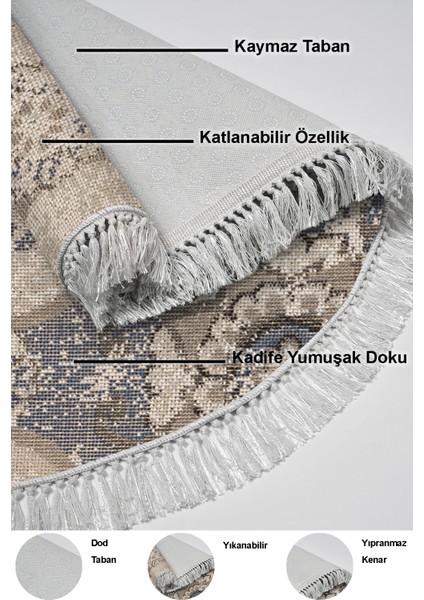 Dijital Mutfak Halısı Trend Keçe Kaymaz Taban Saçaklı Yuvarlak Modern Brenna Krem