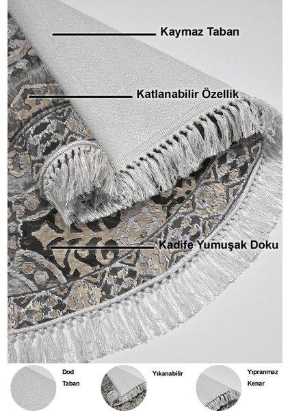 Dijital Mutfak Halısı Trend Keçe Kaymaz Taban Saçaklı Yuvarlak Modern Osana Bej