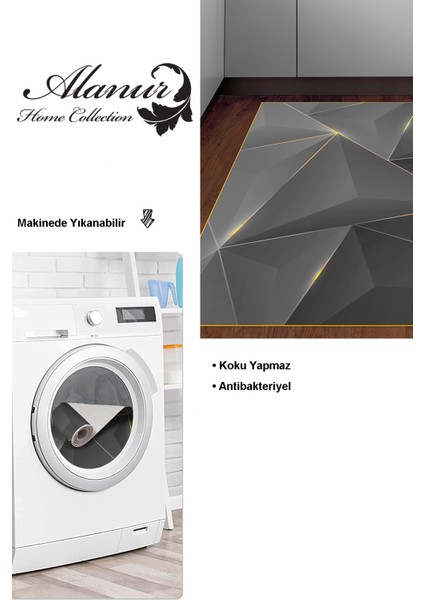 Dijital Mutfak Halısı Trend Keçe Kaymaz Taban Modern Everilda Gold Siyah
