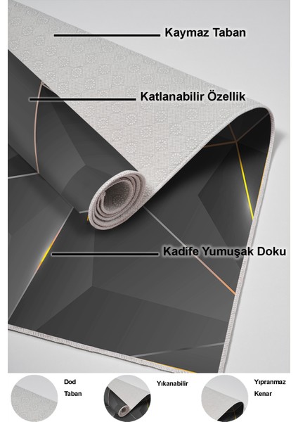Dijital Mutfak Halısı Trend Keçe Kaymaz Taban Modern Everilda Gold Siyah