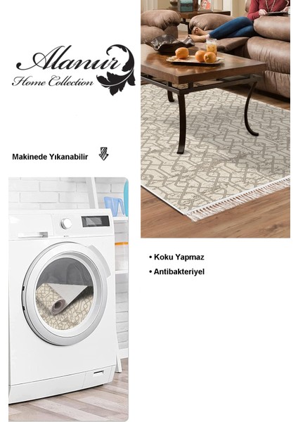Dijital Salon Halısı Trend Keçe Kaymaz Taban Saçaklı Modern Eliana Vizon