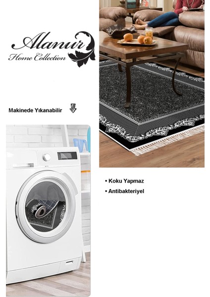 Dijital Salon Halısı Star Pamuk Kaymaz Taban Saçaklı Modern Vicky Siyah