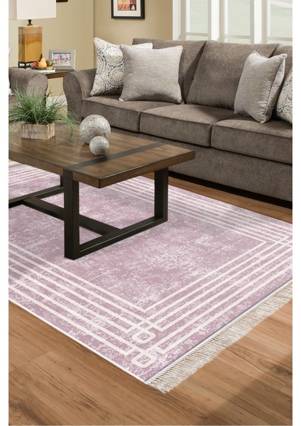 Dijital Salon Halısı Star Pamuk Kaymaz Taban Saçaklı Modern Shelbi Pudra