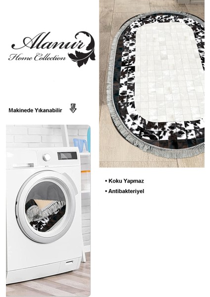 Dijital Mutfak Halısı Yıldız Deri Kaymaz Taban Saçaklı Oval Modern Mallow Siyah modelleri