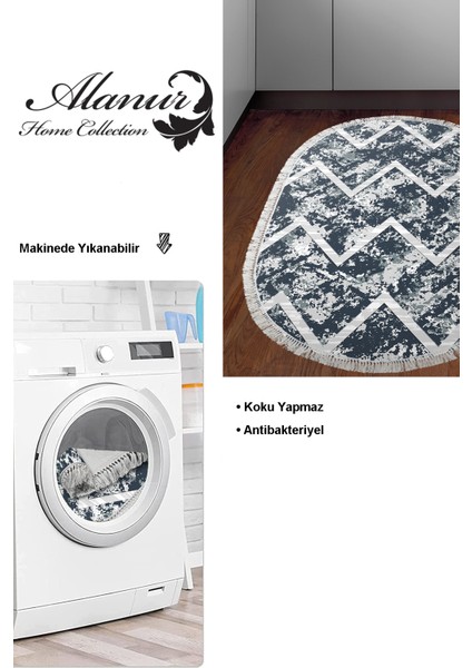 Dijital Mutfak Halısı Trend Keçe Kaymaz Taban Saçaklı Oval Iskandinav Roxanne Mavi