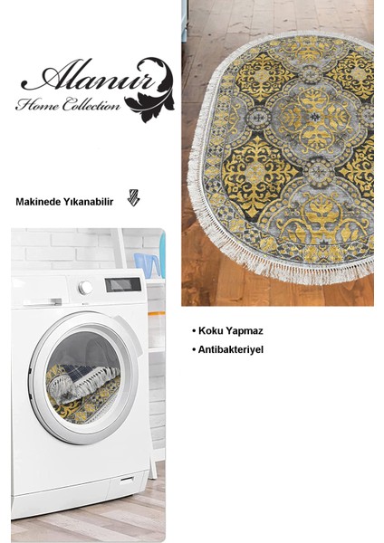 Dijital Mutfak Halısı Star Pamuk Kaymaz Taban Saçaklı Oval Modern Osana Sarı