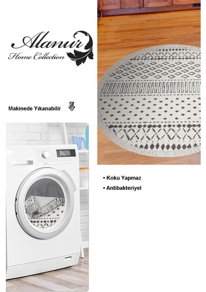 Dijital Mutfak Halısı Trend Keçe Kaymaz Taban Saçaklı Yuvarlak Iskandinav Cade Bej