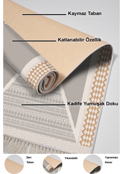 Dijital Mutfak Halısı Yıldız Deri Kaymaz Taban Saçaklı Modern Leila Krem
