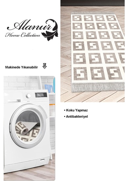 Dijital Mutfak Halısı Trend Keçe Kaymaz Taban Saçaklı Modern Tess Bej modelleri