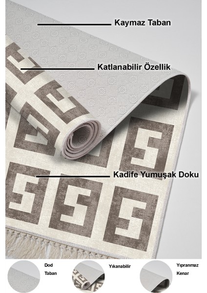 Dijital Mutfak Halısı Trend Keçe Kaymaz Taban Saçaklı Modern Tess Bej indirimleri