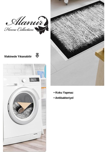 Dijital Mutfak Halısı Yıldız Deri Kaymaz Taban Saçaklı Modern Evelina Siyah modelleri