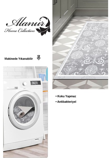 Dijital Mutfak Halısı Trend Keçe Kaymaz Taban Modern Queta Gri