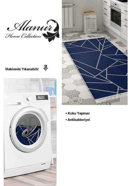 Dijital Mutfak Halısı Star Pamuk Kaymaz Taban Saçaklı Modern Shavonne Lacivert modelleri