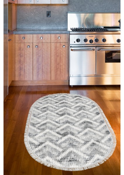 Dijital Mutfak Halısı Star Pamuk Kaymaz Taban Saçaklı Oval Iskandinav Renata Antrasit