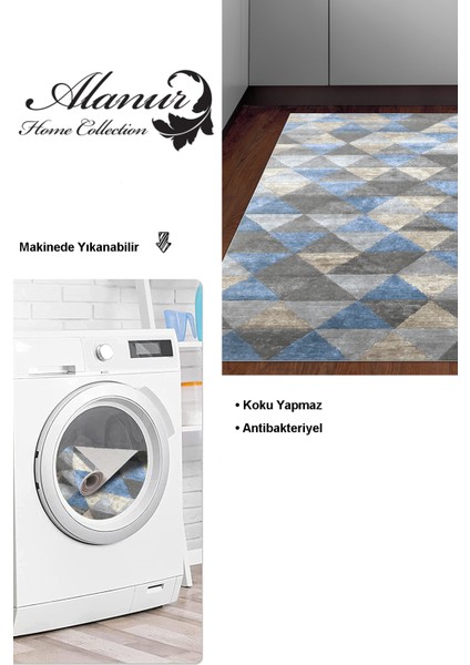 Dijital Mutfak Halısı Trend Keçe Kaymaz Taban Iskandinav Kitty Mavi
