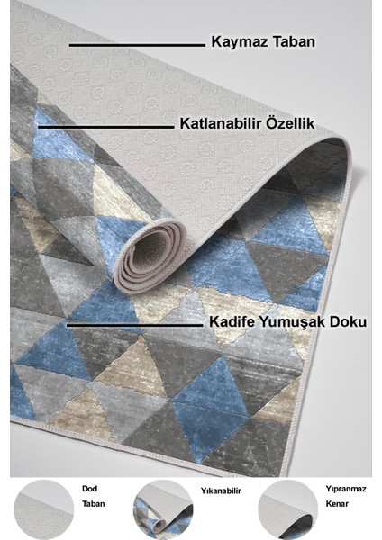 Dijital Mutfak Halısı Trend Keçe Kaymaz Taban Iskandinav Kitty Mavi
