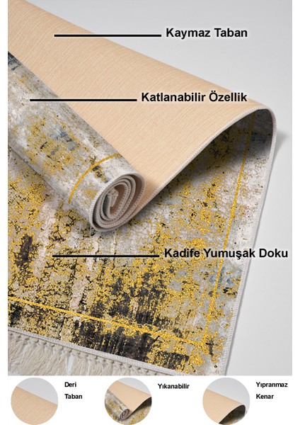 Dijital Mutfak Halısı Yıldız Deri Kaymaz Taban Saçaklı Modern Landen Hardal indirimleri