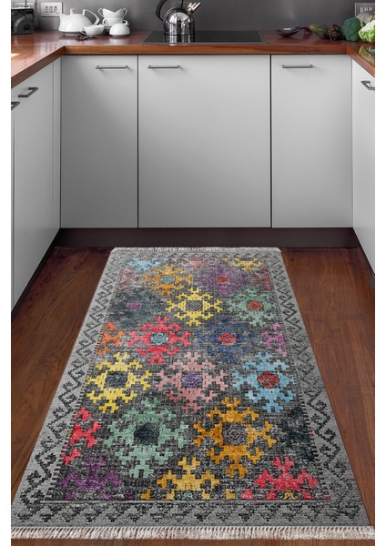 Dijital Mutfak Halısı Star Pamuk Kaymaz Taban Saçaklı Iskandinav Leesa Renkli