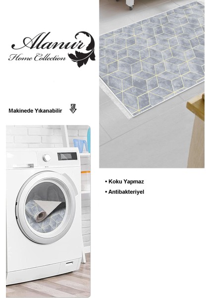 Dijital Mutfak Halısı Trend Keçe Kaymaz Taban Saçaklı Modern Hope Mavi