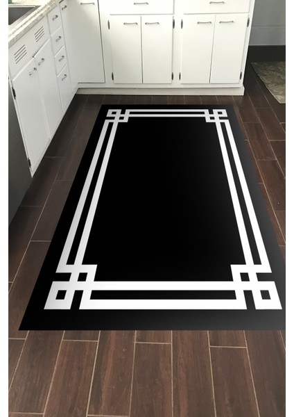 Dijital Mutfak Halısı Star Pamuk Kaymaz Taban Modern Jaz Siyah