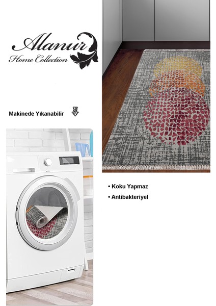 Dijital Mutfak Halısı Trend Keçe Kaymaz Taban Saçaklı Modern Saeran Krem Oranj Kırmızı