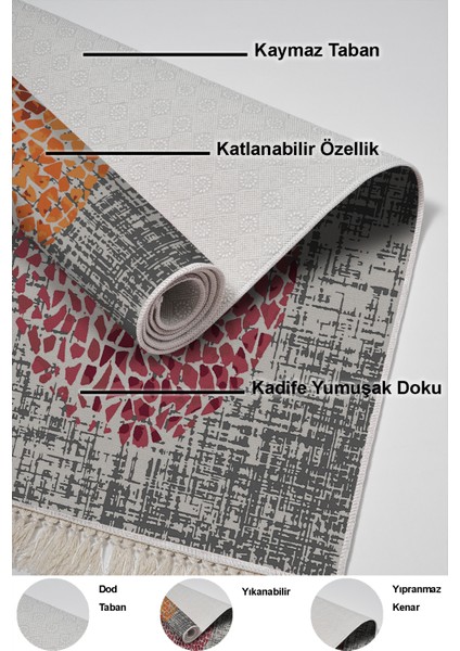 Dijital Mutfak Halısı Trend Keçe Kaymaz Taban Saçaklı Modern Saeran Krem Oranj Kırmızı