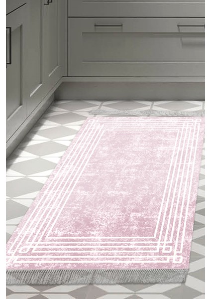Dijital Mutfak Halısı Trend Keçe Kaymaz Taban Saçaklı Modern Shelbi Pudra