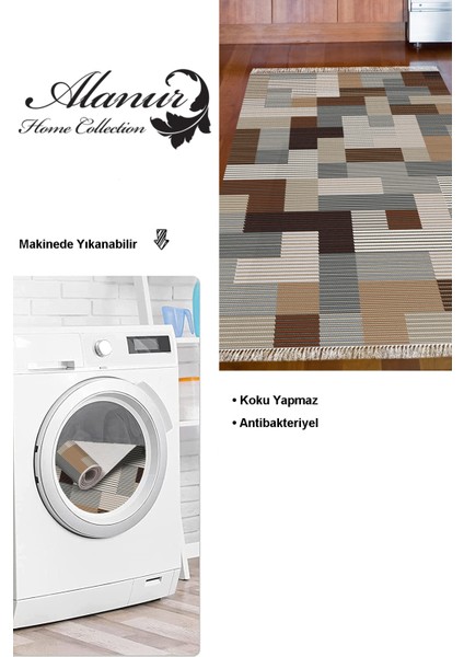 Dijital Mutfak Halısı Trend Keçe Kaymaz Taban Saçaklı Modern Andrina Kahve
