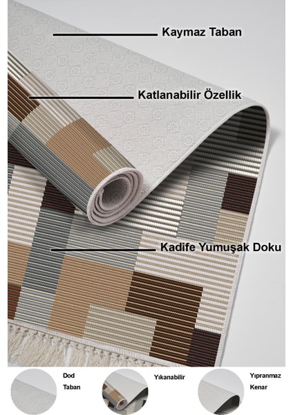 Dijital Mutfak Halısı Trend Keçe Kaymaz Taban Saçaklı Modern Andrina Kahve