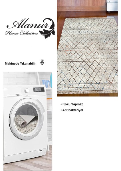 Dijital Mutfak Halısı Trend Keçe Kaymaz Taban Saçaklı Iskandinav Malu Bej