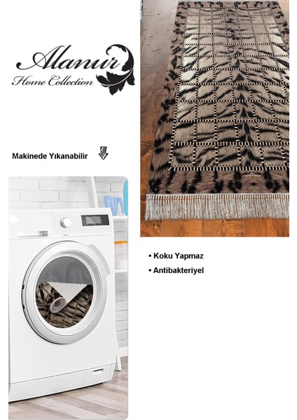 Dijital Mutfak Halısı Trend Keçe Kaymaz Taban Saçaklı Modern Joelle Kahve