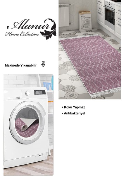 Dijital Mutfak Halısı Trend Keçe Kaymaz Taban Saçaklı Iskandinav Celestine Gül Kurusu modelleri